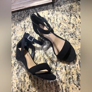 Sun + Stone Black Suede Wedge Heel Sandals Ankle Strap Women’s 5.5